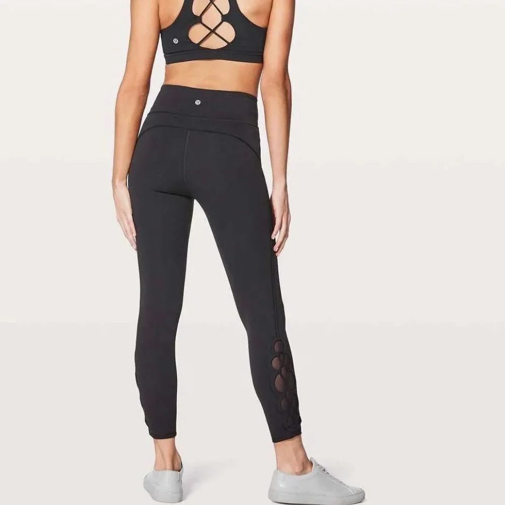 Lululemon Tied To It 7/8 Black Cutout Mesh Leggings Size 6 High Rise